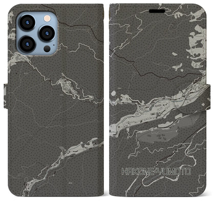 【箱根湯本（神奈川県）】地図柄iPhoneケース（手帳タイプ）モノトーン・iPhone 13 Pro Max 用