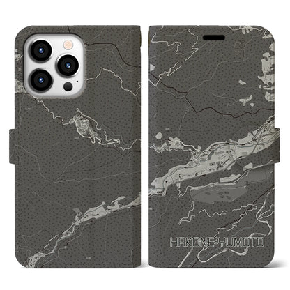 【箱根湯本（神奈川県）】地図柄iPhoneケース（手帳タイプ）モノトーン・iPhone 13 Pro 用