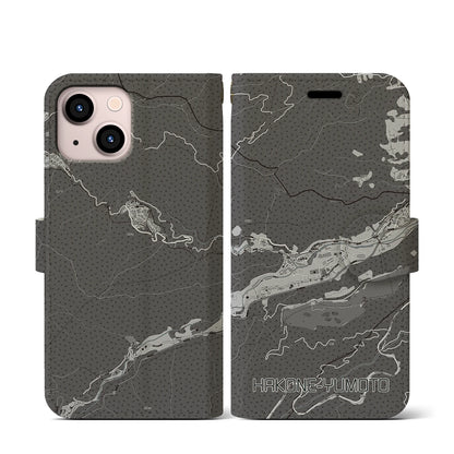 【箱根湯本（神奈川県）】地図柄iPhoneケース（手帳タイプ）モノトーン・iPhone 13 mini 用