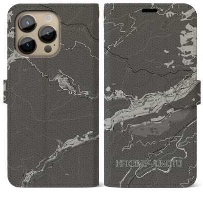 【箱根湯本（神奈川県）】地図柄iPhoneケース（手帳タイプ）モノトーン・iPhone 14 Pro Max 用