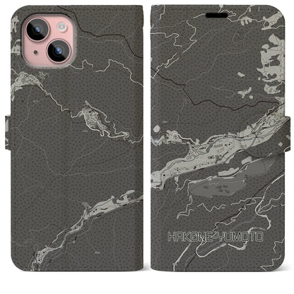 【箱根湯本（神奈川県）】地図柄iPhoneケース（手帳タイプ）モノトーン・iPhone 15 Plus 用