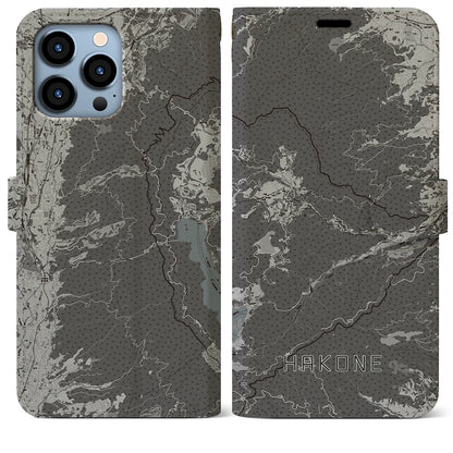 【箱根（神奈川県）】地図柄iPhoneケース（手帳タイプ）モノトーン・iPhone 13 Pro Max 用