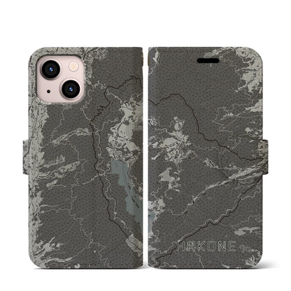 【箱根（神奈川県）】地図柄iPhoneケース（手帳タイプ）モノトーン・iPhone 13 mini 用