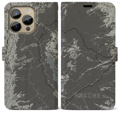【箱根（神奈川県）】地図柄iPhoneケース（手帳タイプ）モノトーン・iPhone 14 Pro Max 用