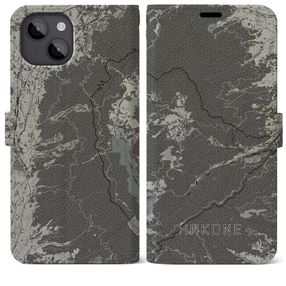 【箱根（神奈川県）】地図柄iPhoneケース（手帳タイプ）モノトーン・iPhone 14 Plus 用