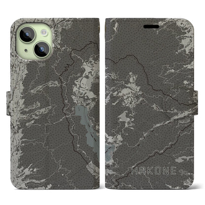 【箱根（神奈川県）】地図柄iPhoneケース（手帳タイプ）モノトーン・iPhone 15 用