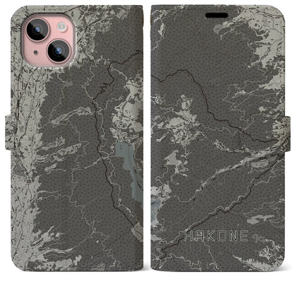 【箱根（神奈川県）】地図柄iPhoneケース（手帳タイプ）モノトーン・iPhone 15 Plus 用