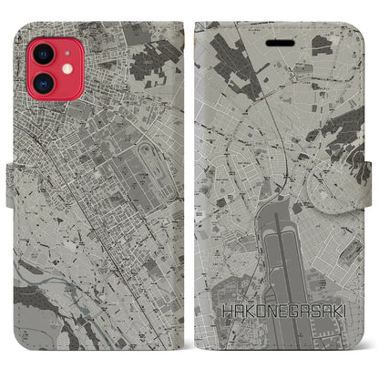 【箱根ケ崎（東京都）】地図柄iPhoneケース（手帳タイプ）モノトーン・iPhone 11 用