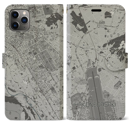 【箱根ケ崎（東京都）】地図柄iPhoneケース（手帳タイプ）モノトーン・iPhone 11 Pro Max 用