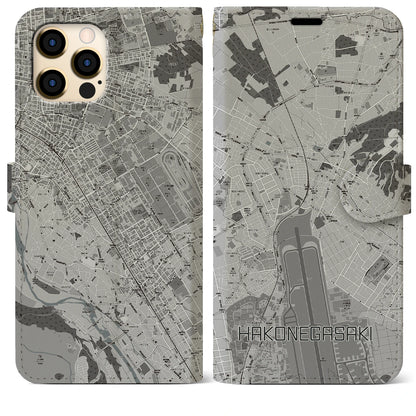 【箱根ケ崎（東京都）】地図柄iPhoneケース（手帳タイプ）モノトーン・iPhone 12 Pro Max 用