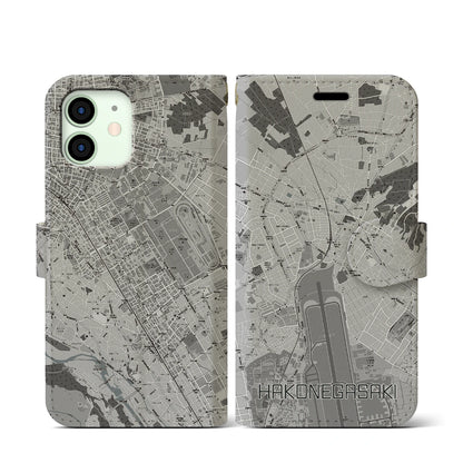 【箱根ケ崎（東京都）】地図柄iPhoneケース（手帳タイプ）モノトーン・iPhone 12 mini 用