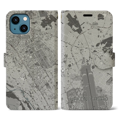 【箱根ケ崎（東京都）】地図柄iPhoneケース（手帳タイプ）モノトーン・iPhone 13 用