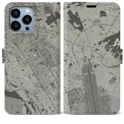 【箱根ケ崎（東京都）】地図柄iPhoneケース（手帳タイプ）モノトーン・iPhone 13 Pro Max 用