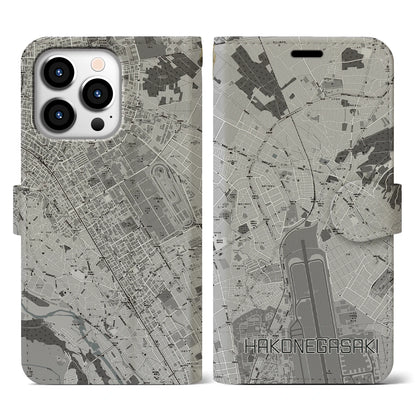 【箱根ケ崎（東京都）】地図柄iPhoneケース（手帳タイプ）モノトーン・iPhone 13 Pro 用