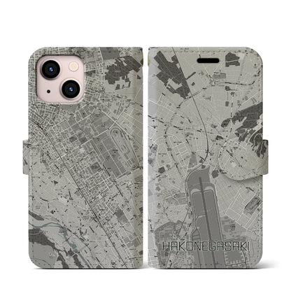 【箱根ケ崎（東京都）】地図柄iPhoneケース（手帳タイプ）モノトーン・iPhone 13 mini 用