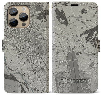 【箱根ケ崎（東京都）】地図柄iPhoneケース（手帳タイプ）モノトーン・iPhone 14 Pro Max 用