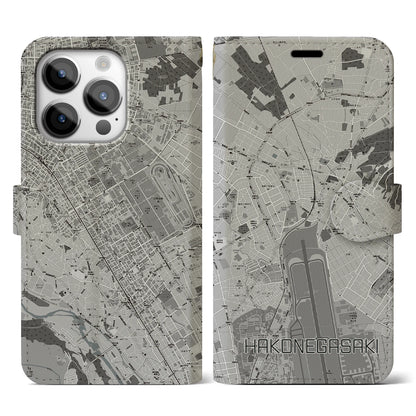 【箱根ケ崎（東京都）】地図柄iPhoneケース（手帳タイプ）モノトーン・iPhone 14 Pro 用