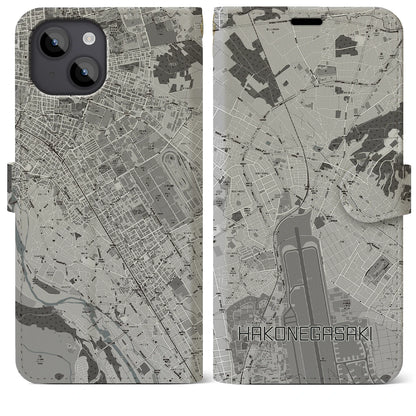 【箱根ケ崎（東京都）】地図柄iPhoneケース（手帳タイプ）モノトーン・iPhone 14 Plus 用