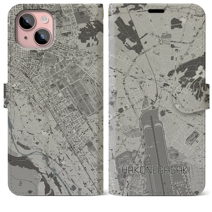 【箱根ケ崎（東京都）】地図柄iPhoneケース（手帳タイプ）モノトーン・iPhone 15 Plus 用