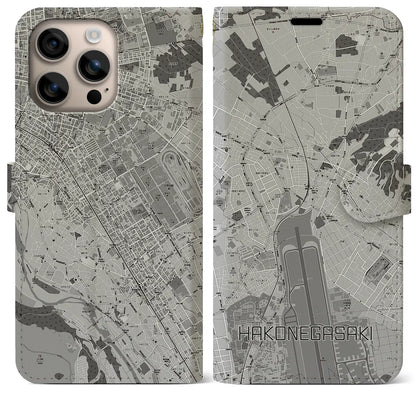 【箱根ケ崎（東京都）】地図柄iPhoneケース（手帳タイプ）モノトーン・iPhone 16 Plus 用