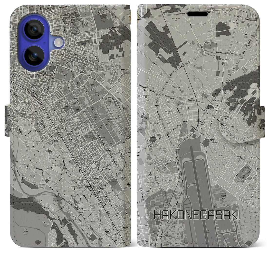 【箱根ケ崎(東京都)】地図柄iPhoneケース(手帳タイプ)モノトーン・iPhone 16 Pro Max 用