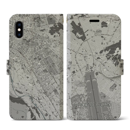 【箱根ケ崎（東京都）】地図柄iPhoneケース（手帳タイプ）モノトーン・iPhone XS / X 用