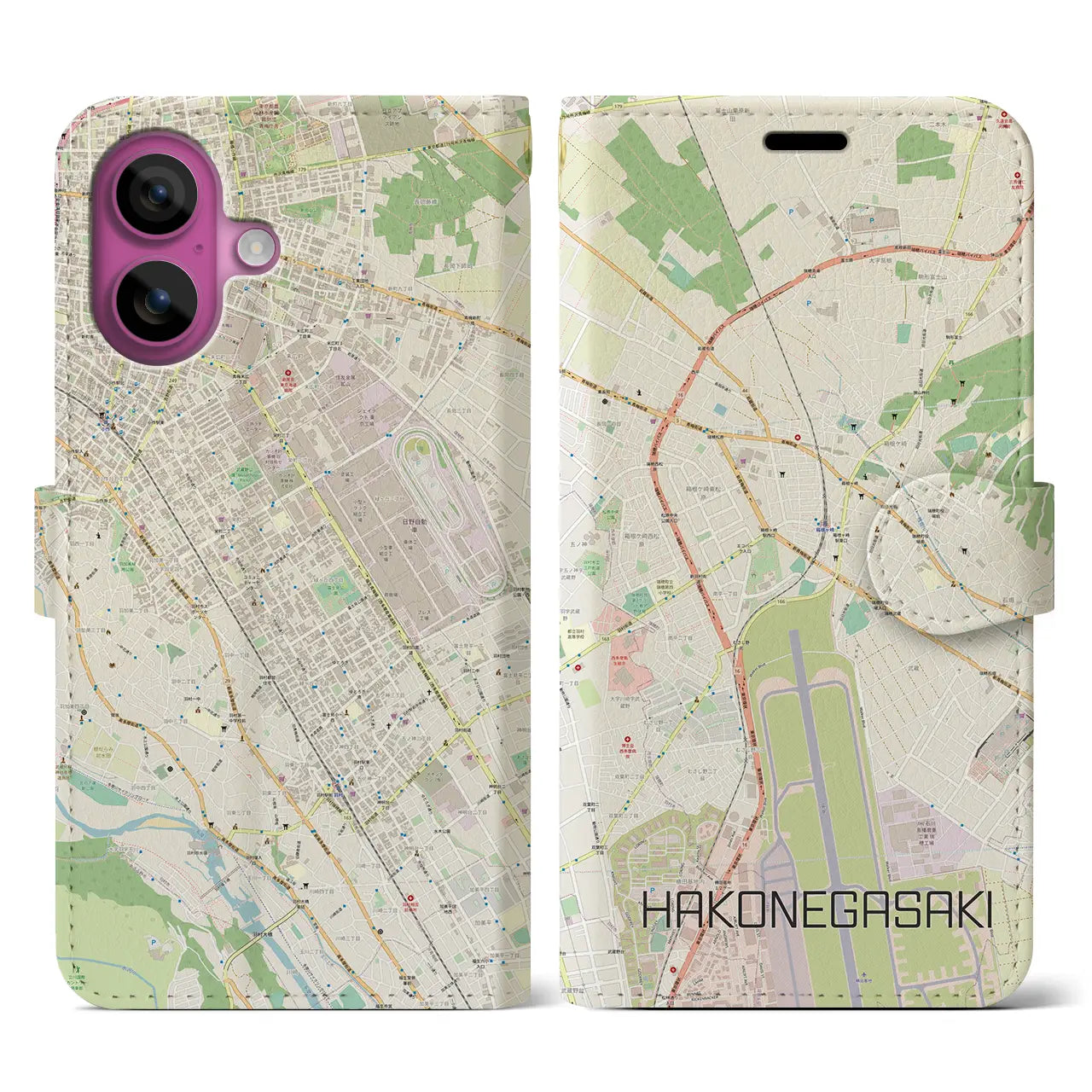 【箱根ケ崎（東京都）】地図柄iPhoneケース（手帳タイプ）ナチュラル・iPhone 16 Pro 用