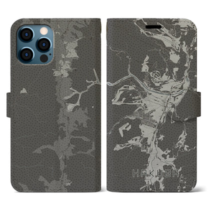 【白馬（長野県）】地図柄iPhoneケース（手帳タイプ）モノトーン・iPhone 12 / 12 Pro 用