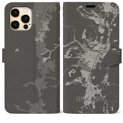 【白馬（長野県）】地図柄iPhoneケース（手帳タイプ）モノトーン・iPhone 12 Pro Max 用