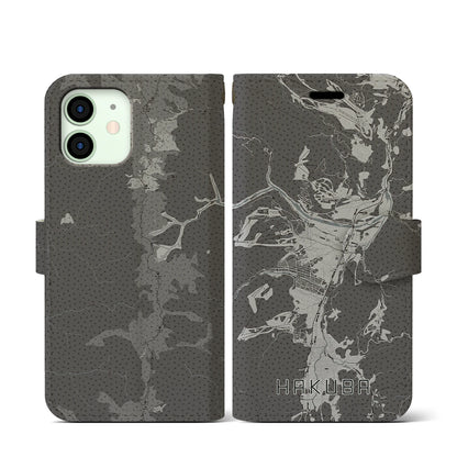 【白馬（長野県）】地図柄iPhoneケース（手帳タイプ）モノトーン・iPhone 12 mini 用