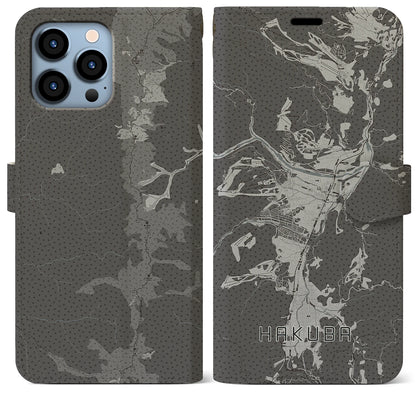 【白馬（長野県）】地図柄iPhoneケース（手帳タイプ）モノトーン・iPhone 13 Pro Max 用