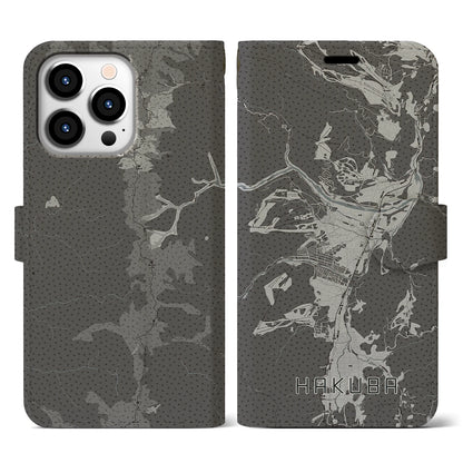 【白馬（長野県）】地図柄iPhoneケース（手帳タイプ）モノトーン・iPhone 13 Pro 用