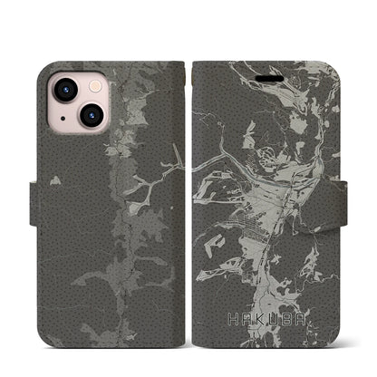 【白馬（長野県）】地図柄iPhoneケース（手帳タイプ）モノトーン・iPhone 13 mini 用