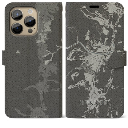 【白馬（長野県）】地図柄iPhoneケース（手帳タイプ）モノトーン・iPhone 14 Pro Max 用