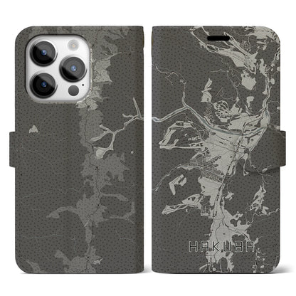 【白馬（長野県）】地図柄iPhoneケース（手帳タイプ）モノトーン・iPhone 14 Pro 用