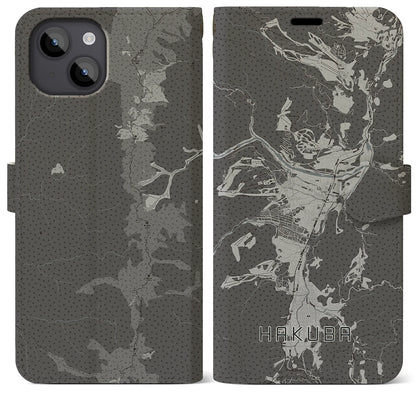 【白馬（長野県）】地図柄iPhoneケース（手帳タイプ）モノトーン・iPhone 14 Plus 用