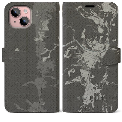 【白馬（長野県）】地図柄iPhoneケース（手帳タイプ）モノトーン・iPhone 15 Plus 用