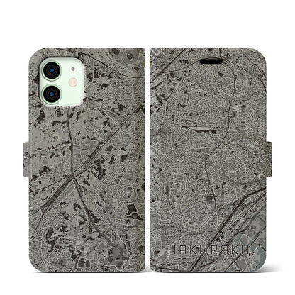【白楽（神奈川県）】地図柄iPhoneケース（手帳タイプ）モノトーン・iPhone 12 mini 用