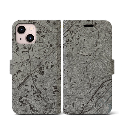 【白楽（神奈川県）】地図柄iPhoneケース（手帳タイプ）モノトーン・iPhone 13 mini 用