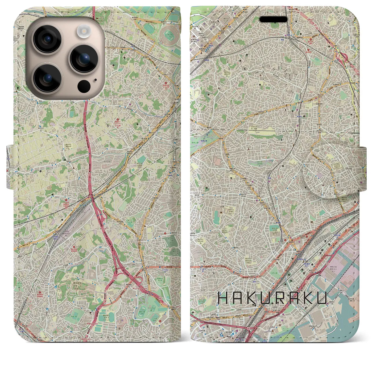 【白楽（神奈川県）】地図柄iPhoneケース（手帳タイプ）ナチュラル・iPhone 16 Plus 用