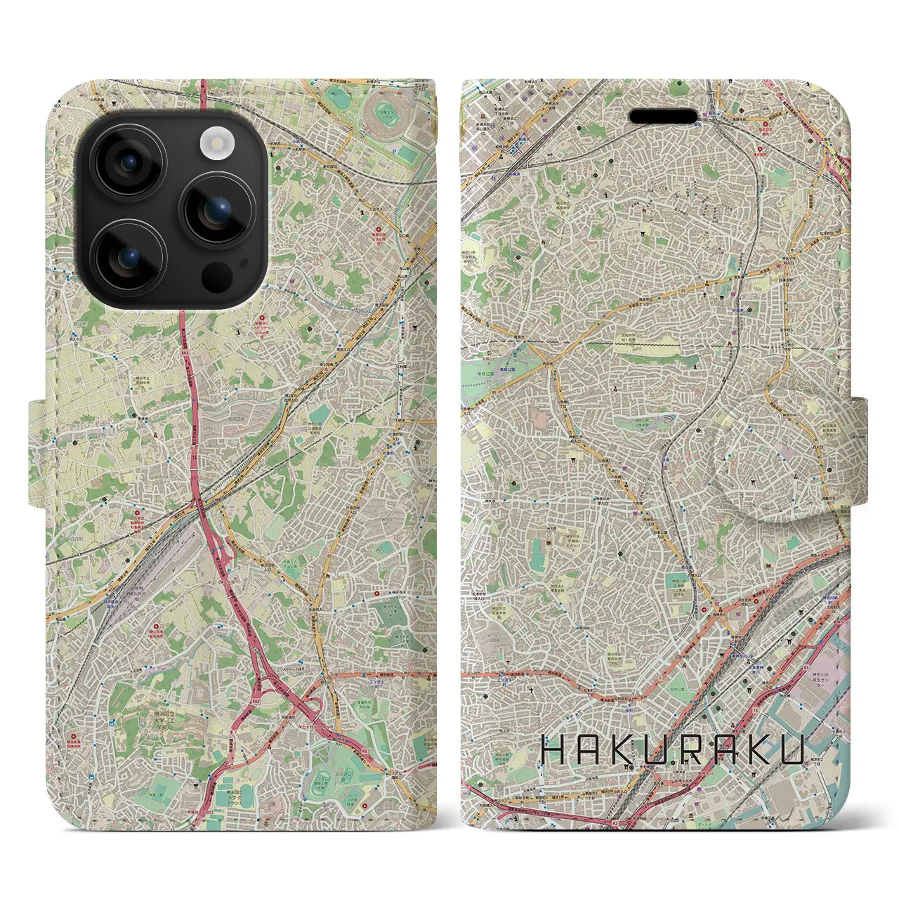 【白楽（神奈川県）】地図柄iPhoneケース（手帳タイプ）ナチュラル・iPhone 16 用