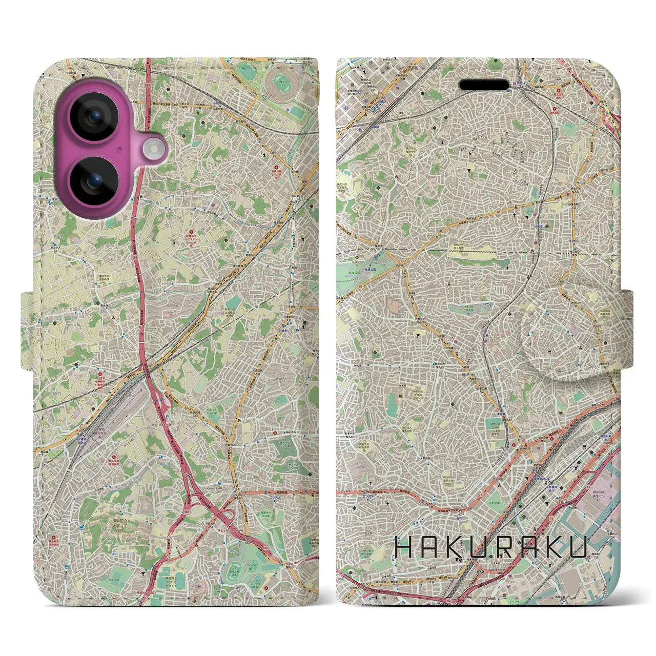 【白楽（神奈川県）】地図柄iPhoneケース（手帳タイプ）ナチュラル・iPhone 16 Pro 用