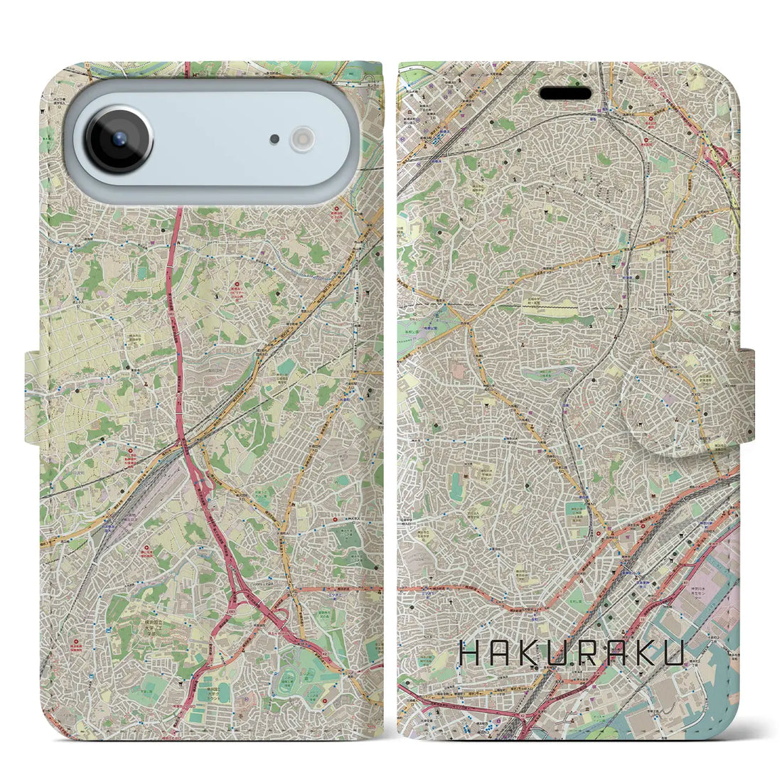 【白楽（神奈川県）】地図柄iPhoneケース（手帳タイプ）ナチュラル・iPhone 17 Pro Max 用