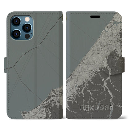 【白山（石川県）】地図柄iPhoneケース（手帳タイプ）モノトーン・iPhone 12 / 12 Pro 用