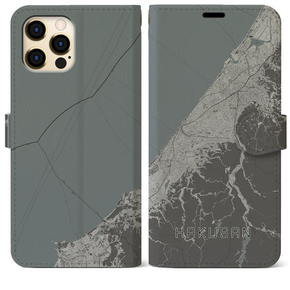 【白山（石川県）】地図柄iPhoneケース（手帳タイプ）モノトーン・iPhone 12 Pro Max 用