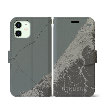 【白山（石川県）】地図柄iPhoneケース（手帳タイプ）モノトーン・iPhone 12 mini 用