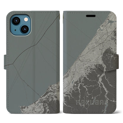 【白山（石川県）】地図柄iPhoneケース（手帳タイプ）モノトーン・iPhone 13 用