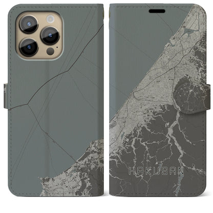 【白山（石川県）】地図柄iPhoneケース（手帳タイプ）モノトーン・iPhone 14 Pro Max 用