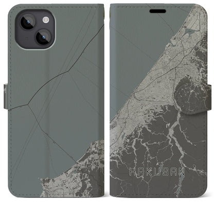 【白山（石川県）】地図柄iPhoneケース（手帳タイプ）モノトーン・iPhone 14 Plus 用