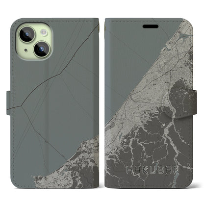 【白山（石川県）】地図柄iPhoneケース（手帳タイプ）モノトーン・iPhone 15 用